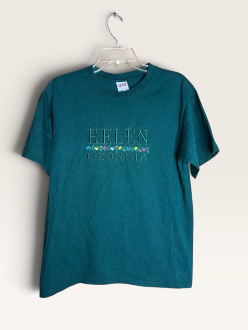 Vintage Anvil Helen Georgia Embroidered T Shirt M Green Floral Souvenir Tee
